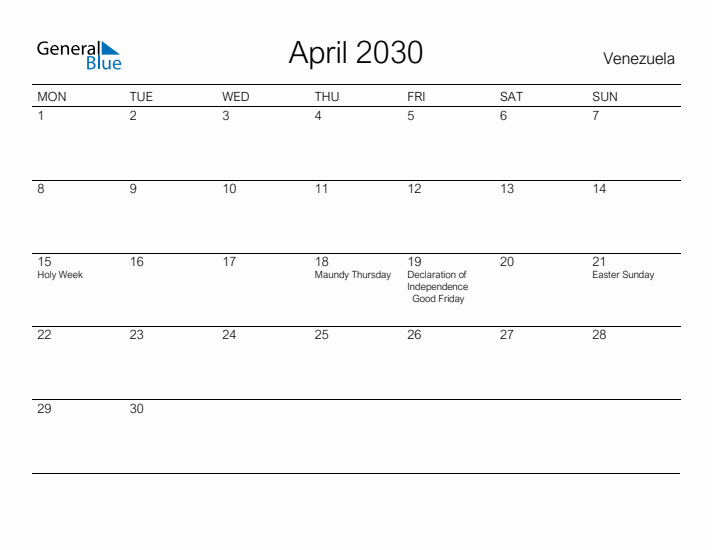 Printable April 2030 Calendar for Venezuela