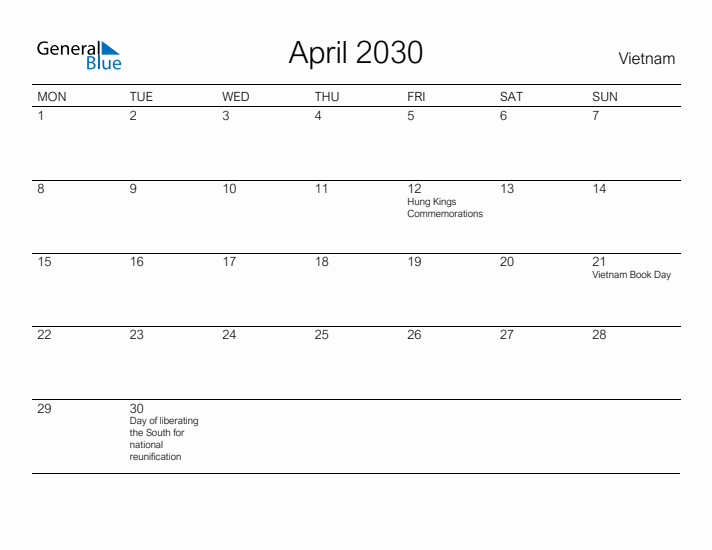 Printable April 2030 Calendar for Vietnam