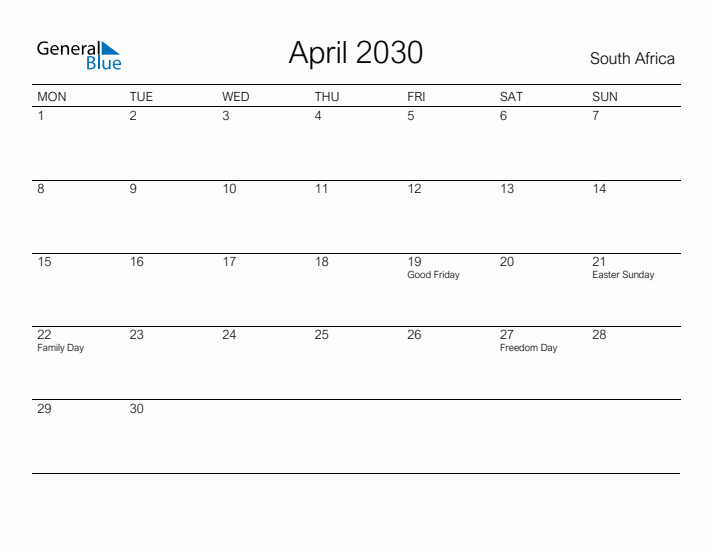 Printable April 2030 Calendar for South Africa