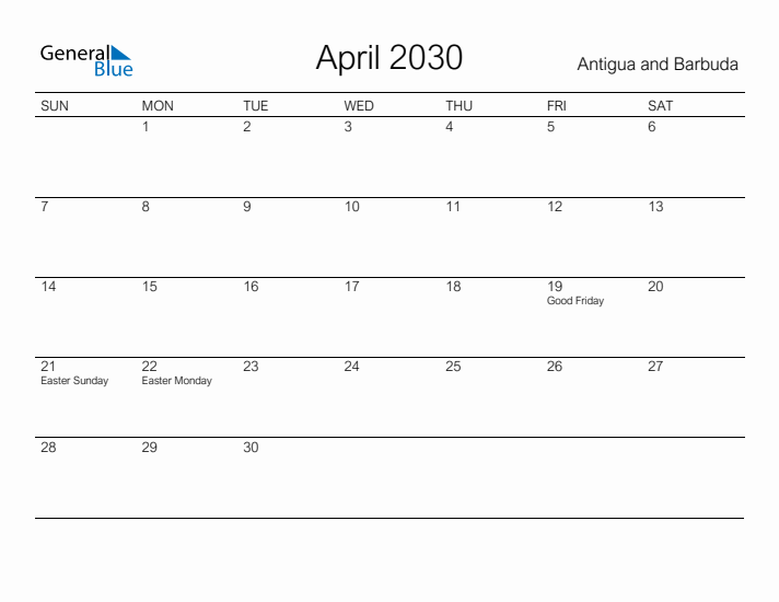 Printable April 2030 Calendar for Antigua and Barbuda