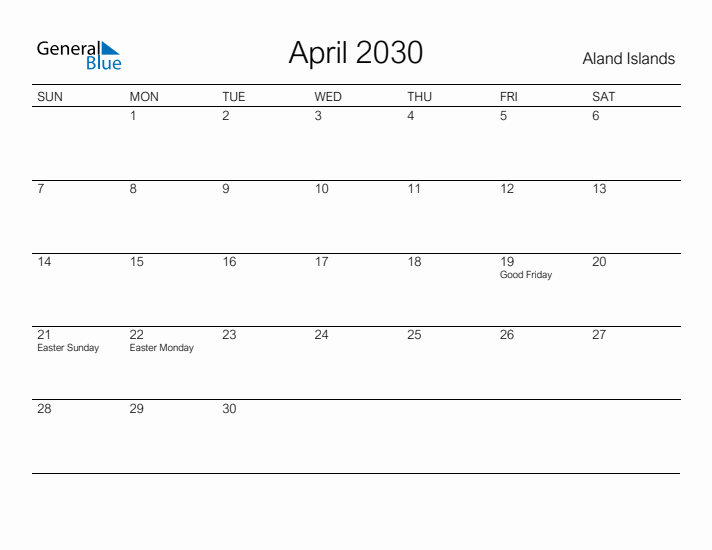 Printable April 2030 Calendar for Aland Islands