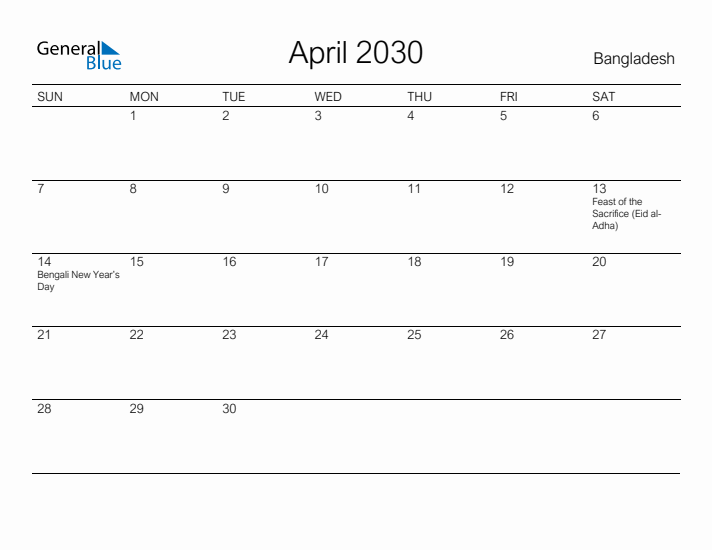 Printable April 2030 Calendar for Bangladesh