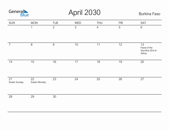 Printable April 2030 Calendar for Burkina Faso