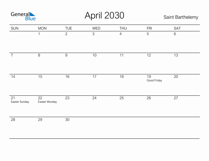 Printable April 2030 Calendar for Saint Barthelemy