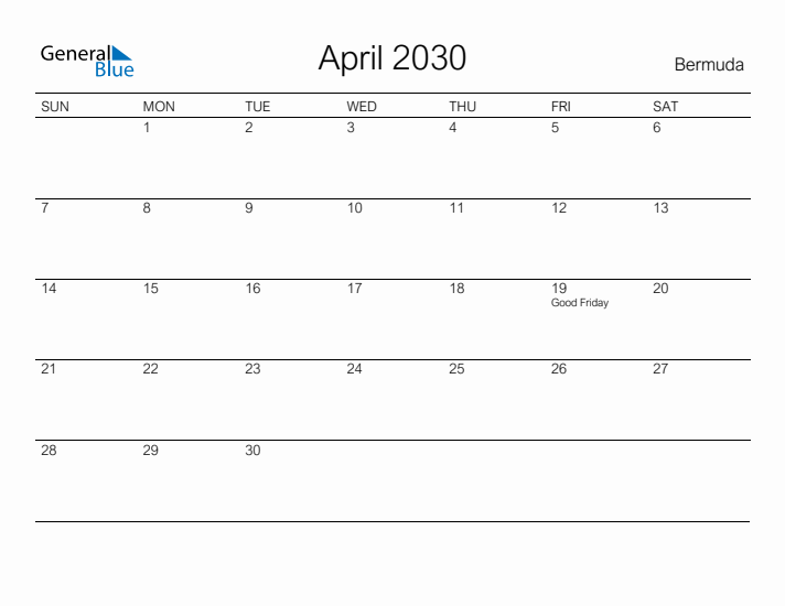 Printable April 2030 Calendar for Bermuda