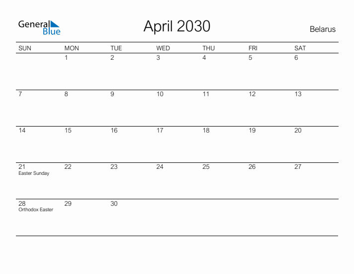 Printable April 2030 Calendar for Belarus