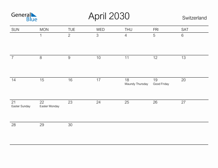 Printable April 2030 Calendar for Switzerland