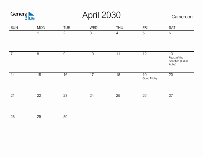 Printable April 2030 Calendar for Cameroon