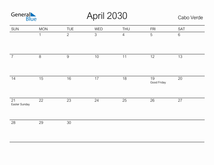 Printable April 2030 Calendar for Cabo Verde