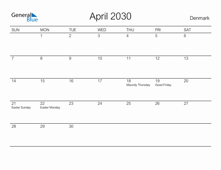 Printable April 2030 Calendar for Denmark