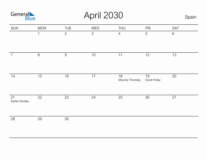 Printable April 2030 Calendar for Spain