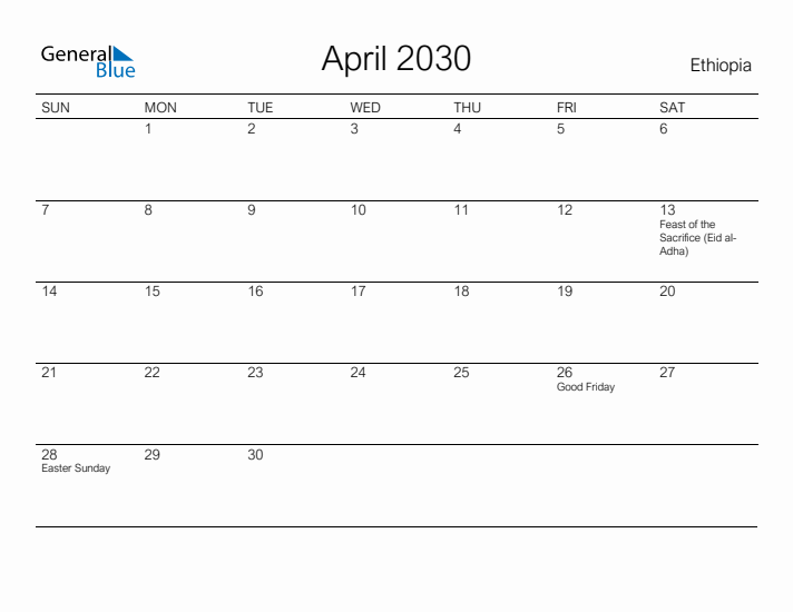 Printable April 2030 Calendar for Ethiopia