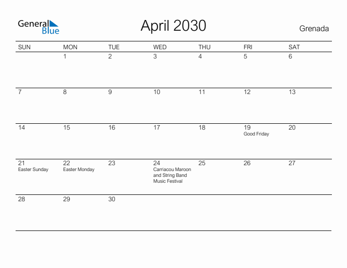 Printable April 2030 Calendar for Grenada