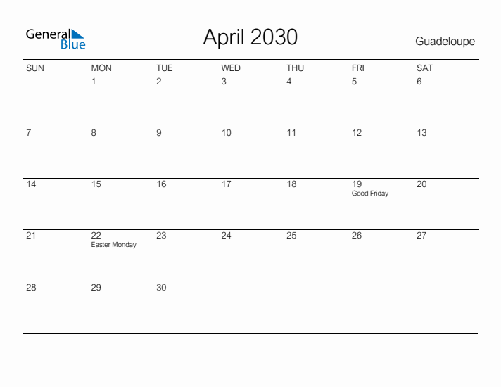 Printable April 2030 Calendar for Guadeloupe