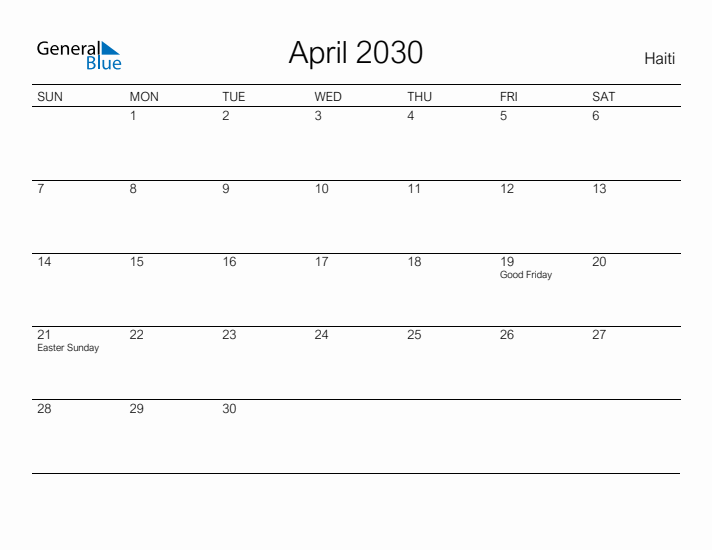 Printable April 2030 Calendar for Haiti