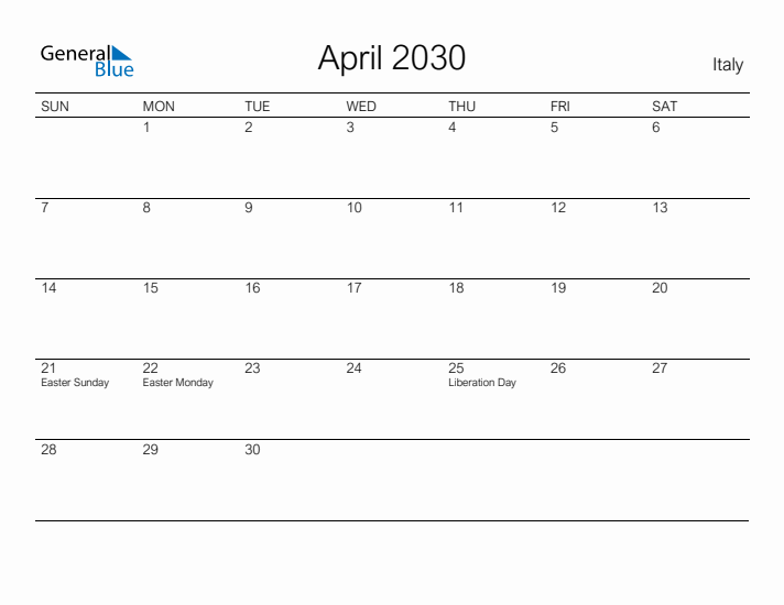 Printable April 2030 Calendar for Italy