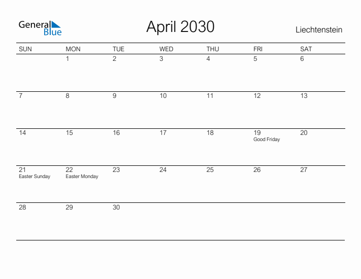 Printable April 2030 Calendar for Liechtenstein