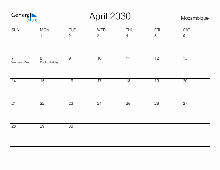 Printable April 2030 Calendar for Mozambique