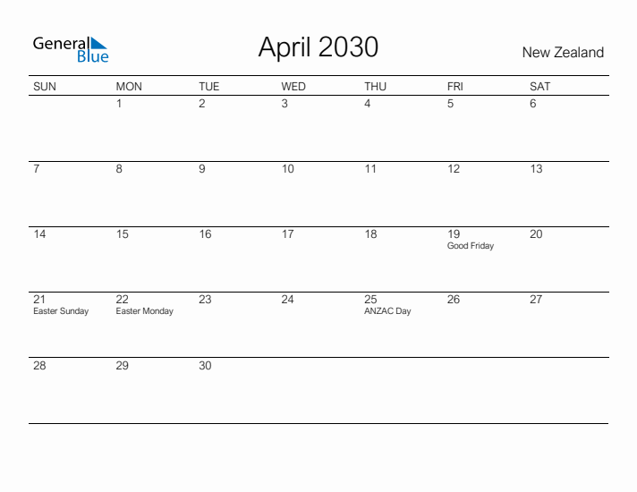 Printable April 2030 Calendar for New Zealand