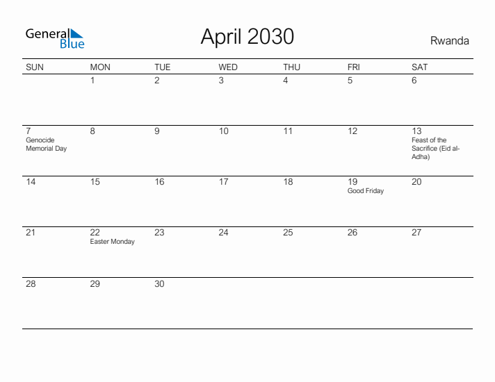 Printable April 2030 Calendar for Rwanda