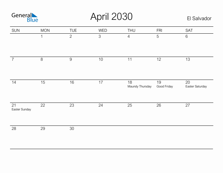 Printable April 2030 Calendar for El Salvador