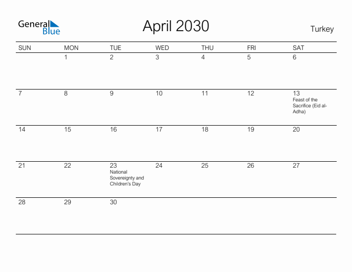 Printable April 2030 Calendar for Turkey