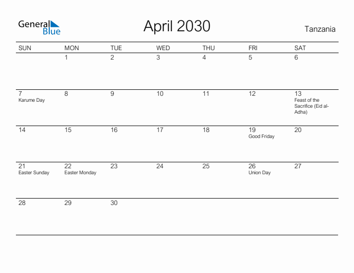 Printable April 2030 Calendar for Tanzania