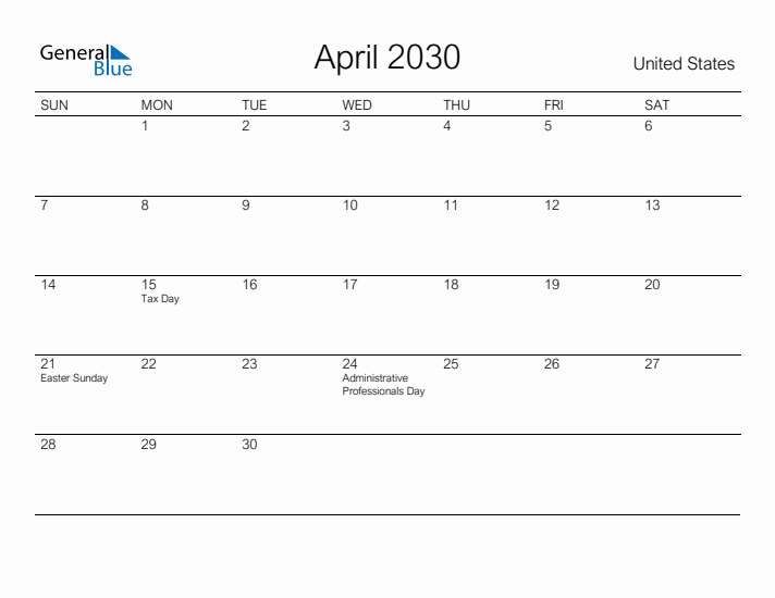 Printable April 2030 Calendar for United States