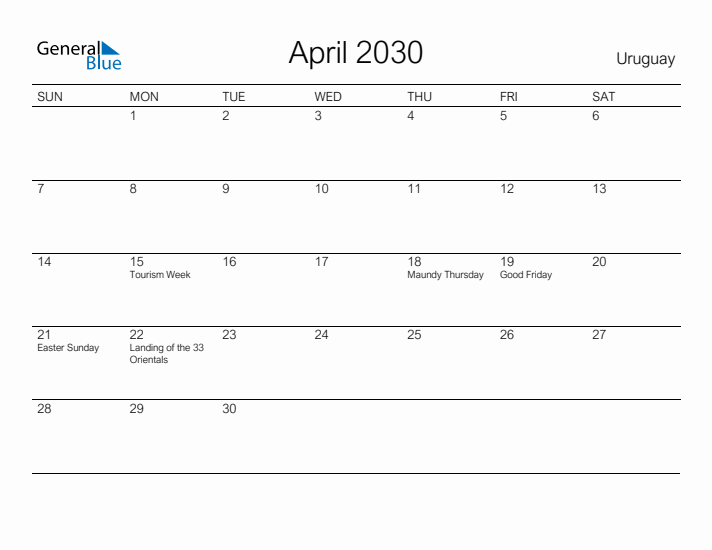 Printable April 2030 Calendar for Uruguay