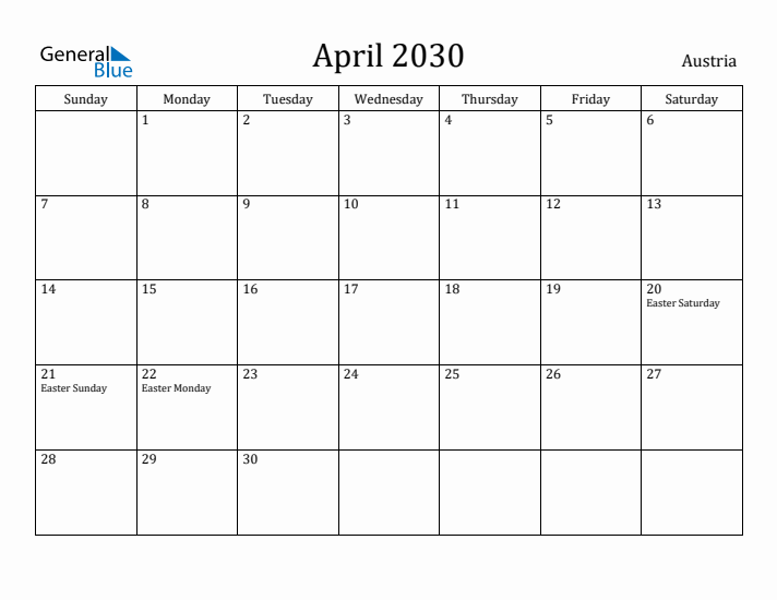 April 2030 Calendar Austria