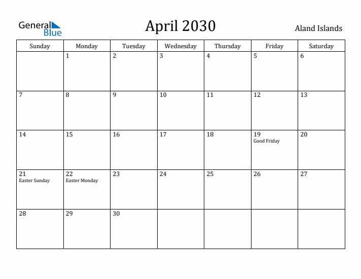 April 2030 Calendar Aland Islands