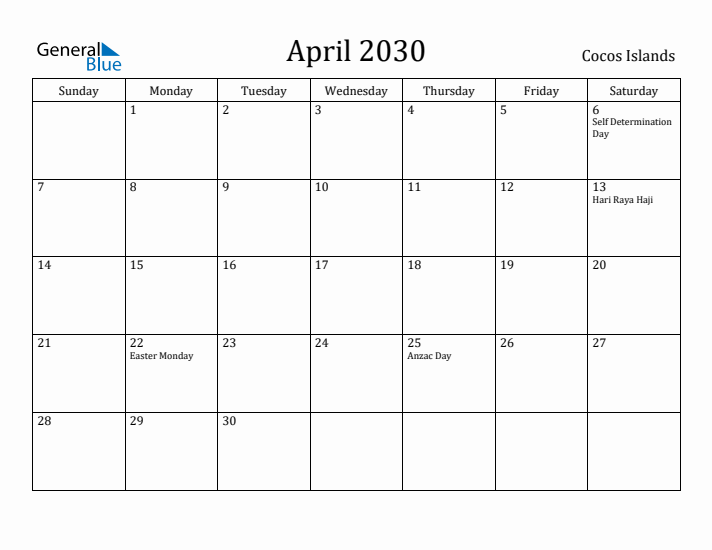 April 2030 Calendar Cocos Islands