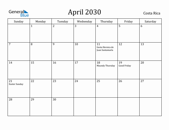 April 2030 Calendar Costa Rica