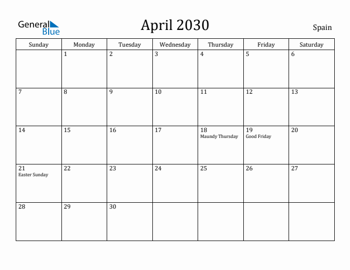 April 2030 Calendar Spain