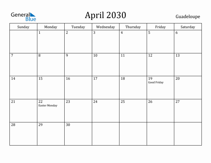 April 2030 Calendar Guadeloupe