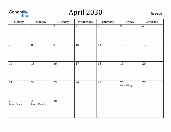 April 2030 Calendar Greece