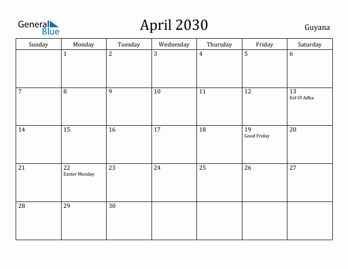 April 2030 Calendar Guyana