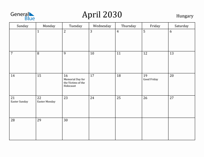 April 2030 Calendar Hungary