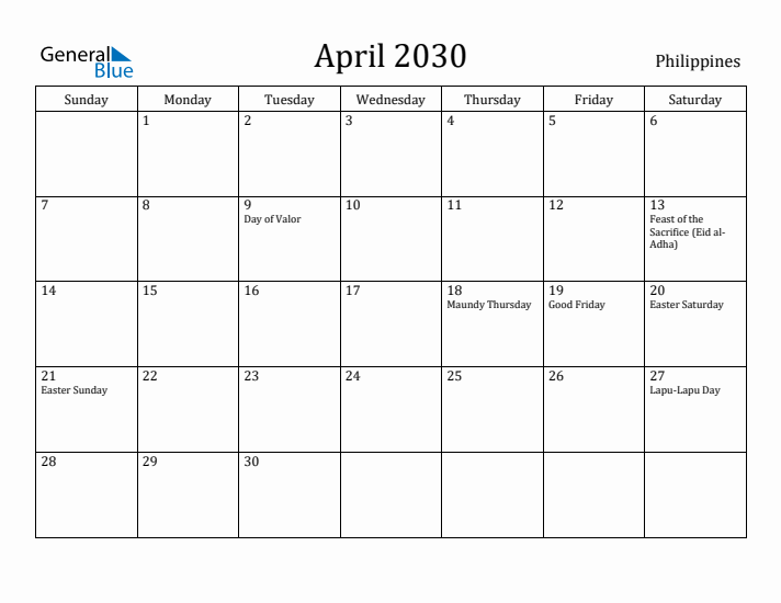 April 2030 Calendar Philippines