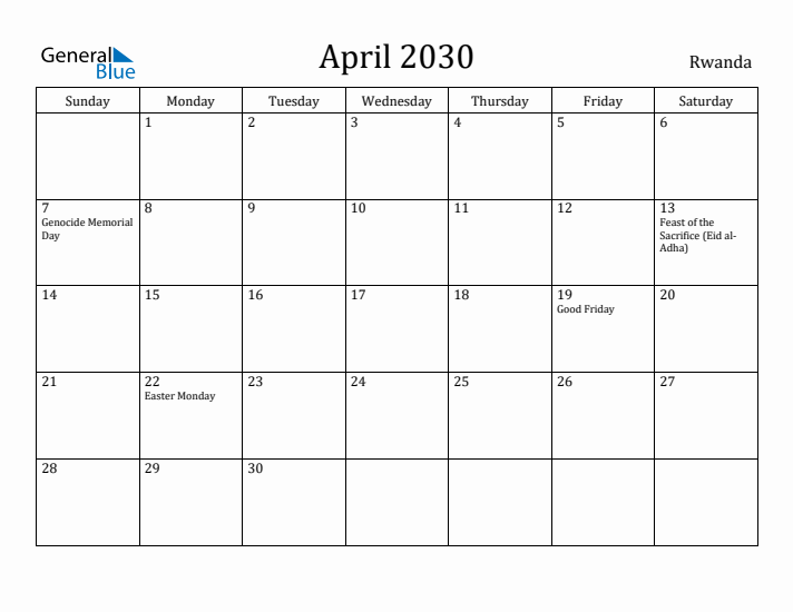 April 2030 Calendar Rwanda