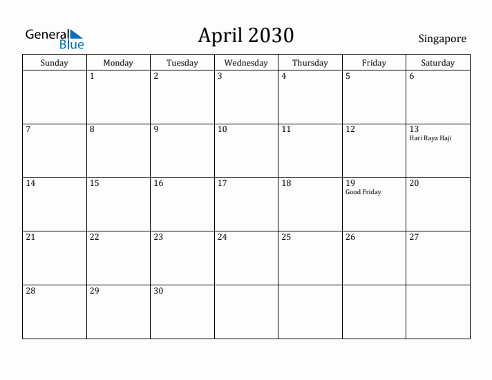 April 2030 Calendar Singapore