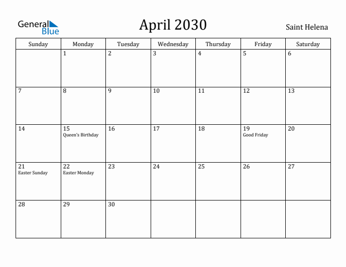 April 2030 Calendar Saint Helena