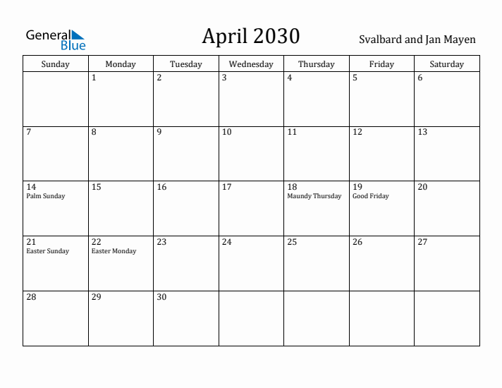 April 2030 Calendar Svalbard and Jan Mayen