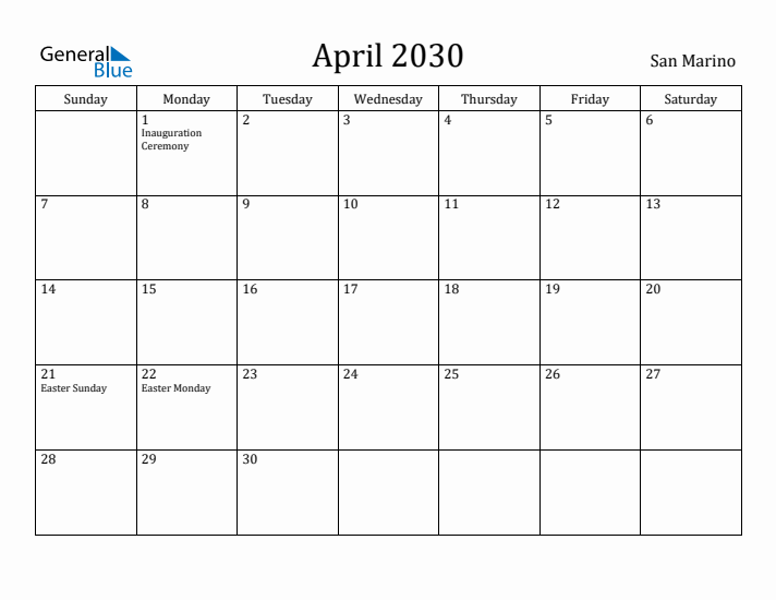 April 2030 Calendar San Marino