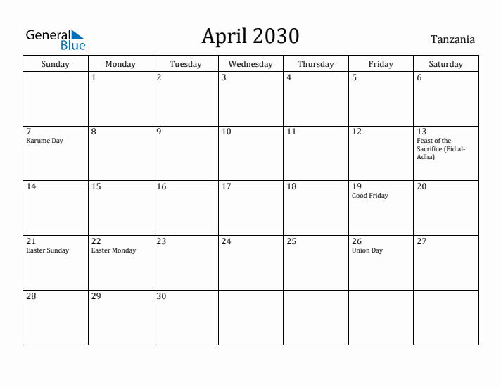 April 2030 Calendar Tanzania