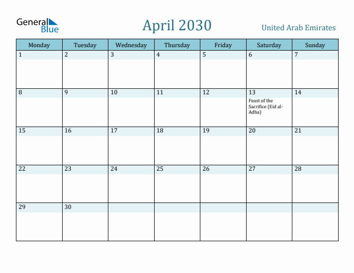 April 2030 Calendar with Holidays