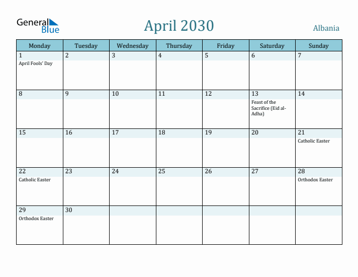 April 2030 Calendar with Holidays