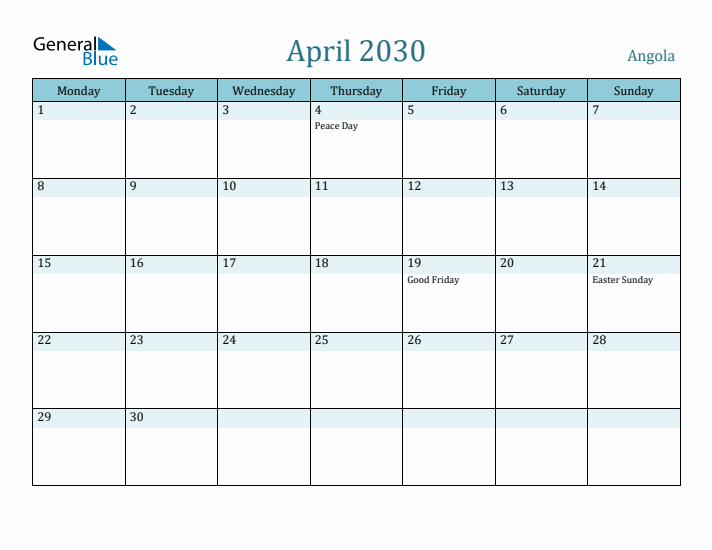 April 2030 Calendar with Holidays