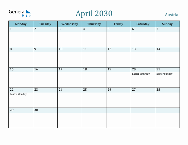 April 2030 Calendar with Holidays