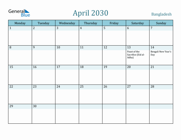 April 2030 Calendar with Holidays